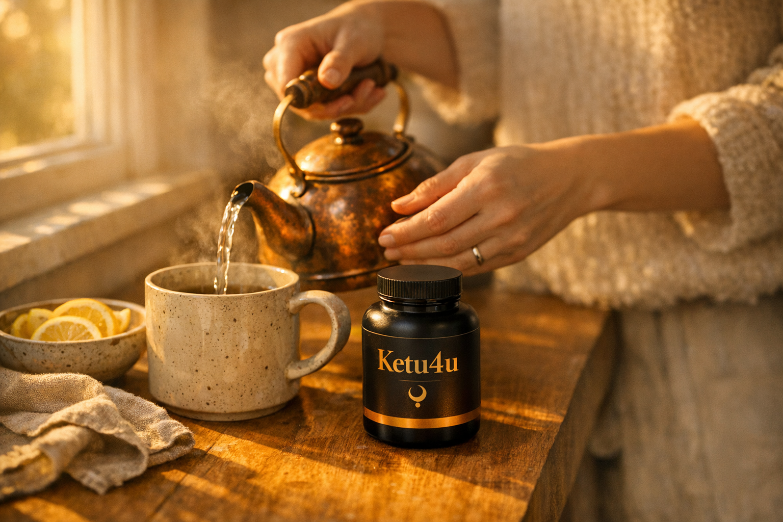 Woman enjoying her morning with Ketu4u on the counter