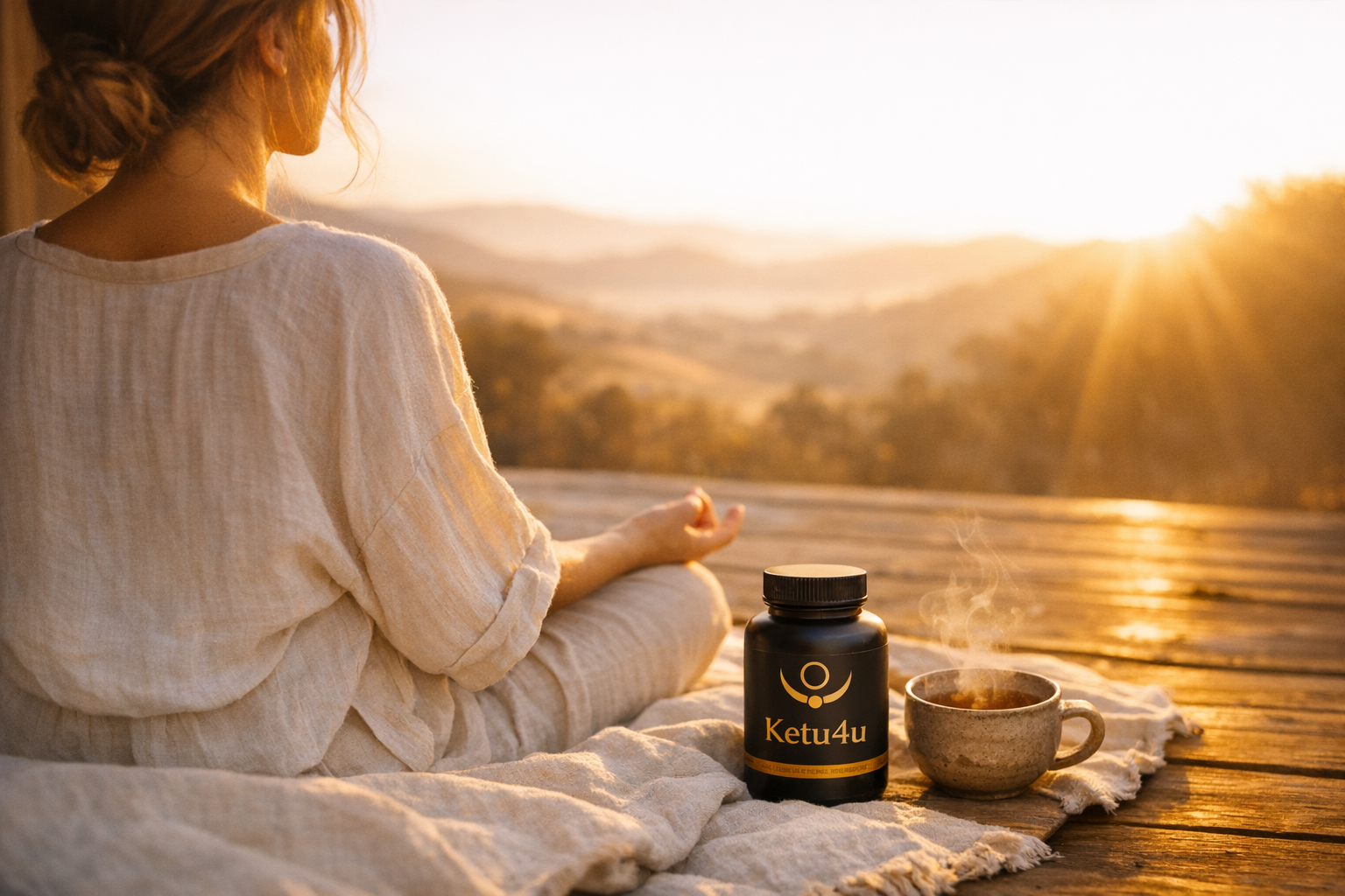 Woman in morning meditation with Ketu4u beside her